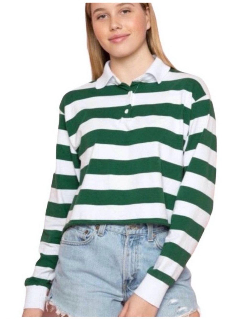 BRANDY MELVILLE Preppy Y2K Sporty Crop Long Sleeve Rugby Polo Shirt Size OS